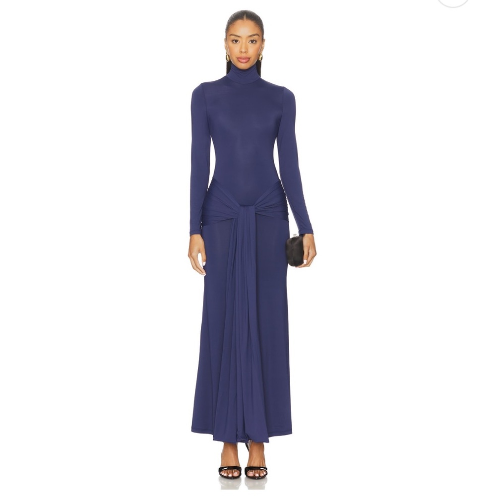 Bardot Navy Long-Sleeve Maxi Dress with Front Tie